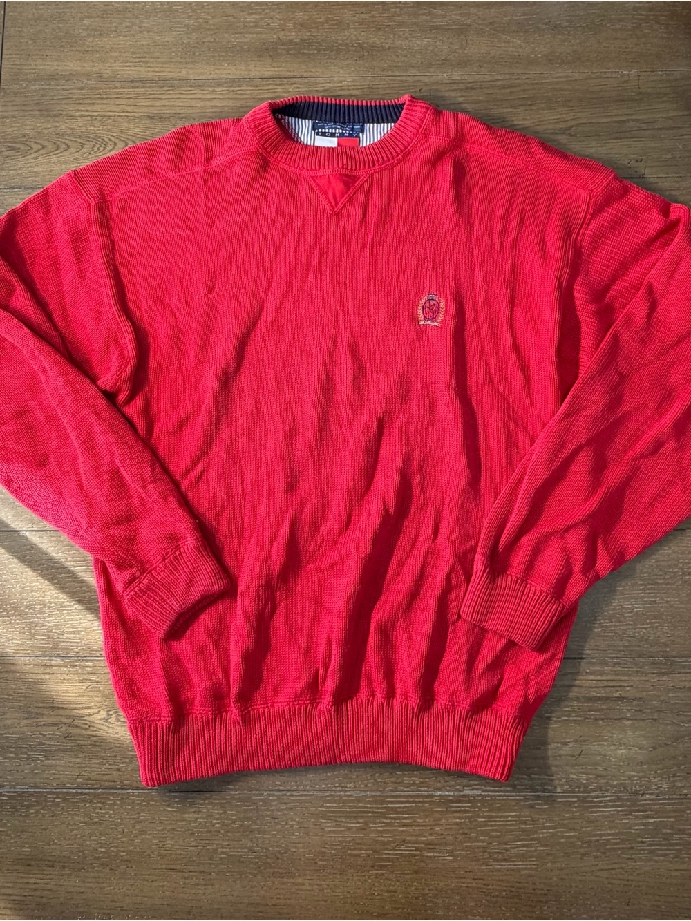 Tommy Hilfiger Sweater Mens Large Vintage 90s Red Knit Crest Logo Pullover